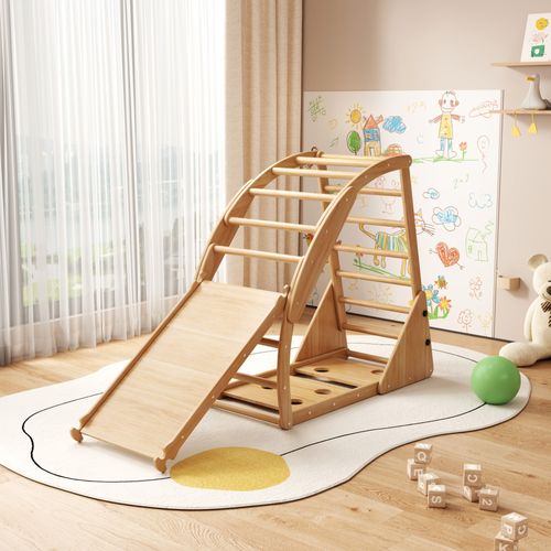 Klettergerüst Multifonction 8 En 1 En Bois,avec Toboggan, Module De Grimpe, Balançoire Et Tente