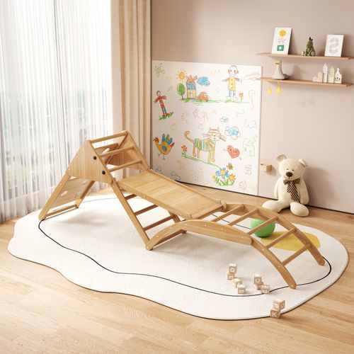 Klettergerüst Multifonction 8 En 1 En Bois,avec Toboggan, Module De Grimpe, Balançoire Et Tente