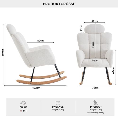 Fauteuil A Bascule En Tissu Teddy Doux - Blanc