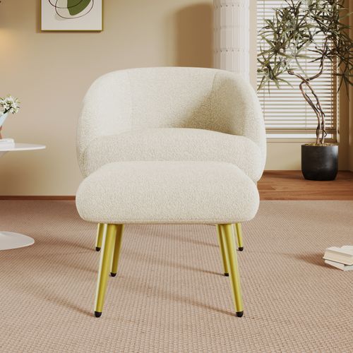 Fauteuil Moderne Sherpa Avec Repose-pied,design Ergonomique,pieds Dorés,confort Luxueux,blanc