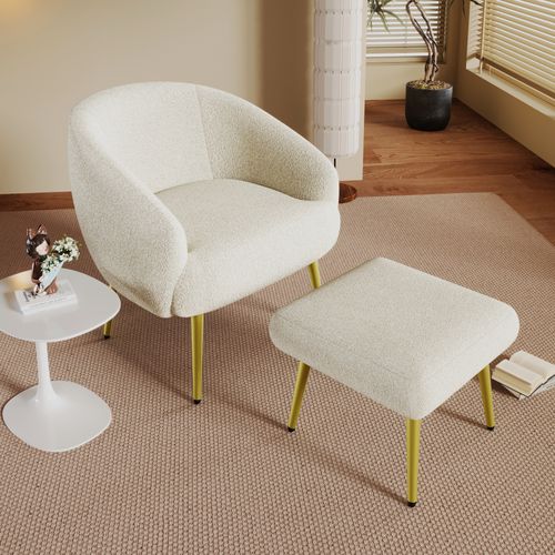 Fauteuil Moderne Sherpa Avec Repose-pied,design Ergonomique,pieds Dorés,confort Luxueux,blanc