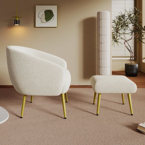Fauteuil Moderne Sherpa Avec Repose-pied,design Ergonomique,pieds Dorés,confort Luxueux,blanc