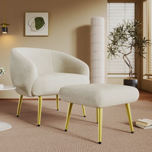 Fauteuil Moderne Sherpa Avec Repose-pied,design Ergonomique,pieds Dorés,confort Luxueux,blanc