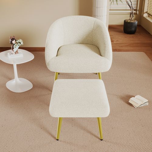 Fauteuil Moderne Sherpa Avec Repose-pied,design Ergonomique,pieds Dorés,confort Luxueux,blanc