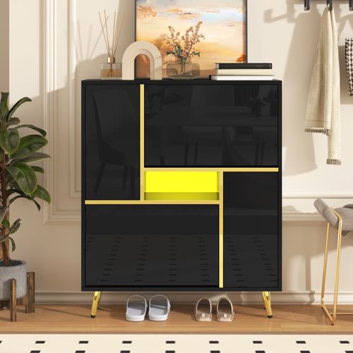 Armoire à Chaussures Moderne, Noire, Façade Brillante, LED 16 Couleurs, 80x25x96 Cm
