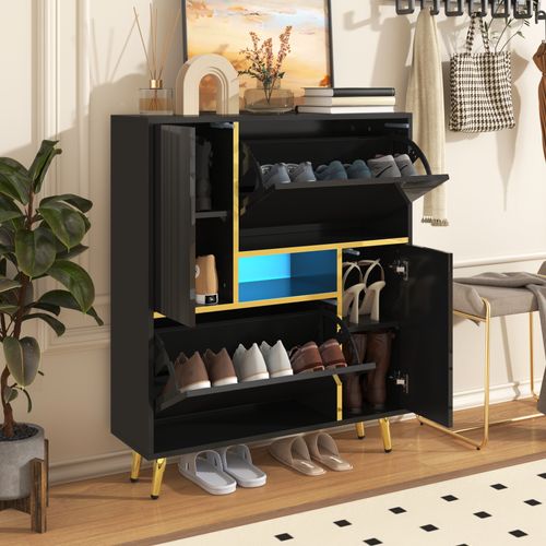 Armoire à Chaussures Moderne, Noire, Façade Brillante, LED 16 Couleurs, 80x25x96 Cm