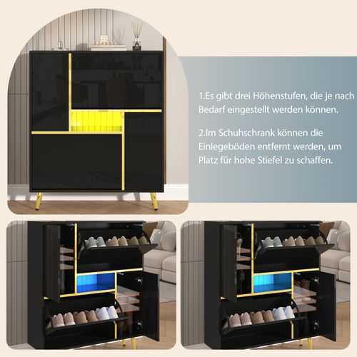 Armoire à Chaussures Moderne, Noire, Façade Brillante, LED 16 Couleurs, 80x25x96 Cm