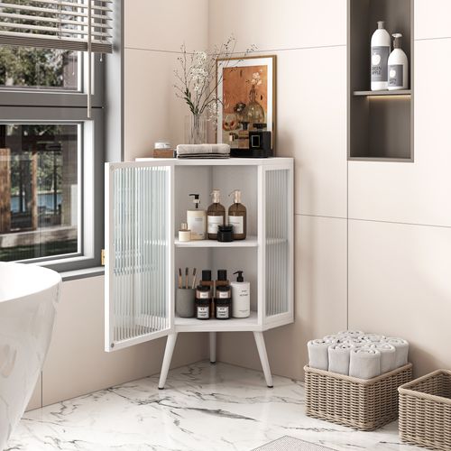 Cabinet D'angle Avec Porte En Verre Trempé, Étagère Ajustable, Pour Salle De Bain, Blanc