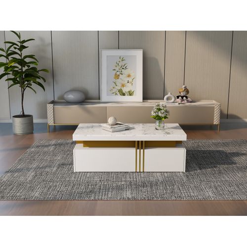 Table Basse Moderne Rectangulaire, Plateau Brillant, 2 Tiroirs Bois, Dessus Marbre, 100×50×40 Cm
