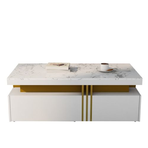 Table Basse Moderne Rectangulaire, Plateau Brillant, 2 Tiroirs Bois, Dessus Marbre, 100×50×40 Cm