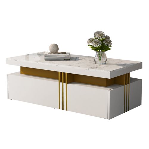Table Basse Moderne Rectangulaire, Plateau Brillant, 2 Tiroirs Bois, Dessus Marbre, 100×50×40 Cm