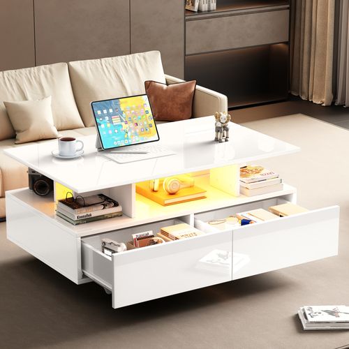 Table Basse Moderne Haute Brillance Avec LED Et 2 Tiroirs,table D'appoint 90x55x41 Cm,charge 30 Kg