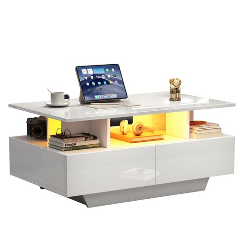 Table Basse Moderne Haute Brillance Avec LED Et 2 Tiroirs,table D'appoint 90x55x41 Cm,charge 30 Kg