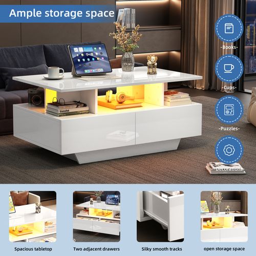 Table Basse Moderne Haute Brillance Avec LED Et 2 Tiroirs,table D'appoint 90x55x41 Cm,charge 30 Kg