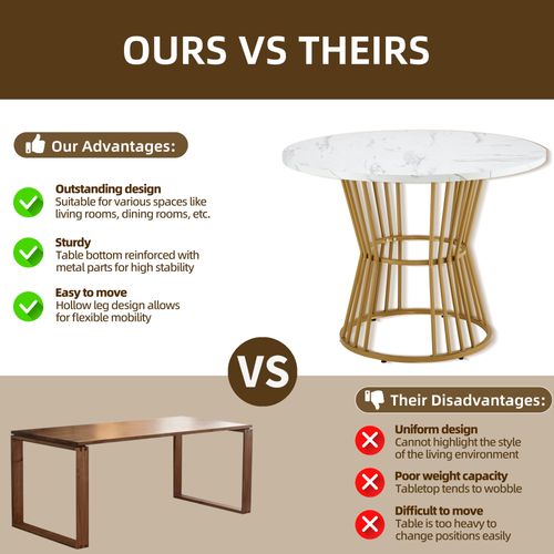 Table Blanche Marbrée, Cadre Métallique Doré, Stable, Moderne, Pour Petit-déjeuner Ou Salle à Manger