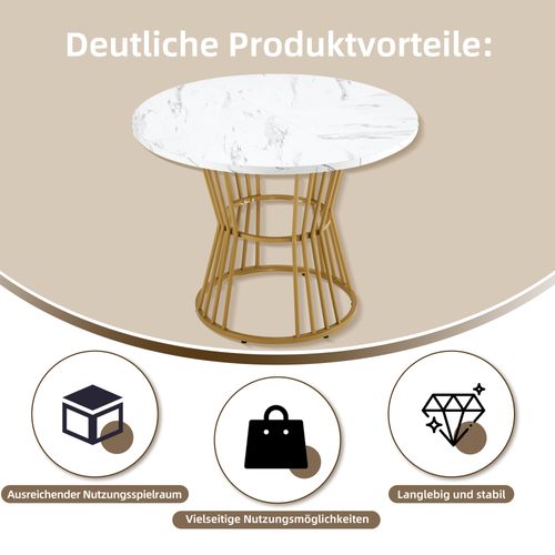 Table Blanche Marbrée, Cadre Métallique Doré, Stable, Moderne, Pour Petit-déjeuner Ou Salle à Manger