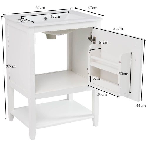 Meuble De Salle De Bain Vasque Simple 60 Cm Céramique Avec Étagère, Blanc