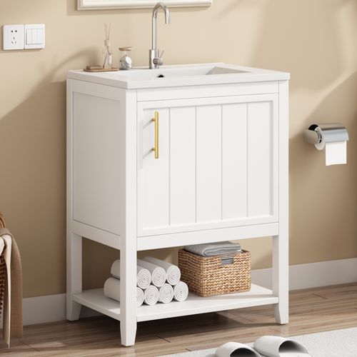 Meuble De Salle De Bain Vasque Simple 60 Cm Céramique Avec Étagère, Blanc
