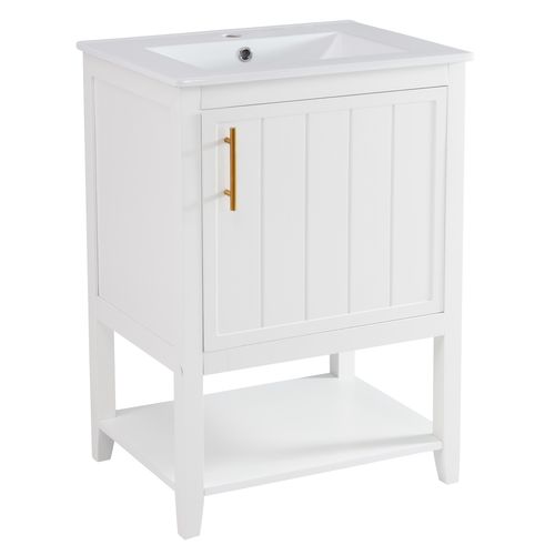 Meuble De Salle De Bain Vasque Simple 60 Cm Céramique Avec Étagère, Blanc