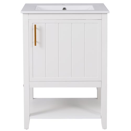 Meuble De Salle De Bain Vasque Simple 60 Cm Céramique Avec Étagère, Blanc