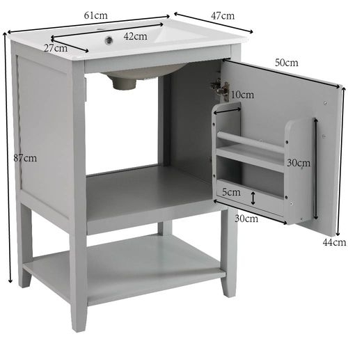 Meuble De Salle De Bain Vasque Simple 60 Cm Céramique Avec Étagère, Gris Clair