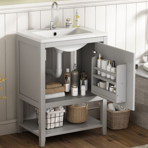 Meuble De Salle De Bain Vasque Simple 60 Cm Céramique Avec Étagère, Gris Clair