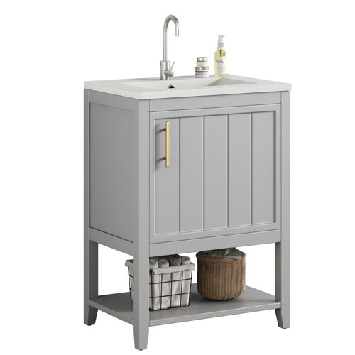 Meuble De Salle De Bain Vasque Simple 60 Cm Céramique Avec Étagère, Gris Clair
