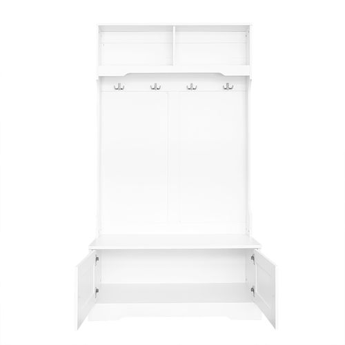 Armoire D'entrée, Blanc, Avec Rangement Sous Le Siège, 4 Crochets Et 2 Compartiments Ouverts