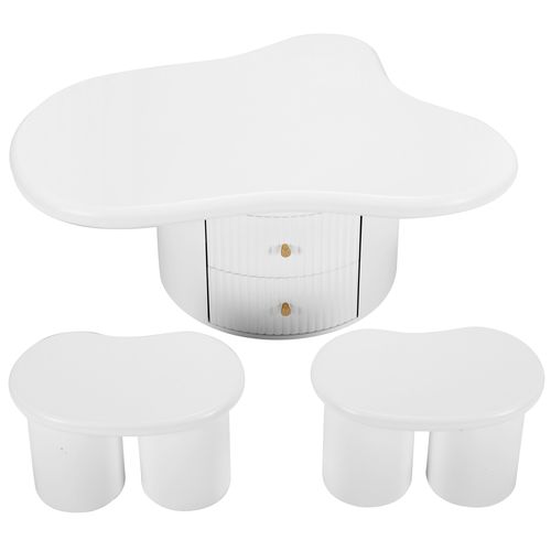 Table Basse Irrégulière En Forme De Nuage, 97x67x32 Cm, Mdf, 2 Tiroirs, 2 Tabourets, Blanc