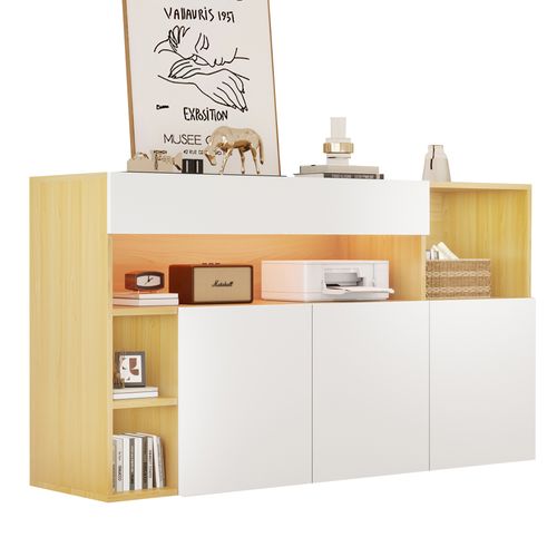 Commode LED 140 Cm, Multifonctionnelle, Blanc Et Chêne, Pour Salon, Entrée, Ou Chambre