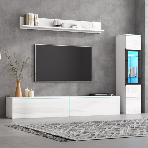 Ensemble Mural TV 3 Pièces Blanc Brillant Avec Éclairage LED, 1 Meuble TV, 1 Vitrine, 1 Étagère
