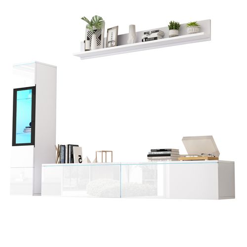 Ensemble Mural TV 3 Pièces Blanc Brillant Avec Éclairage LED, 1 Meuble TV, 1 Vitrine, 1 Étagère