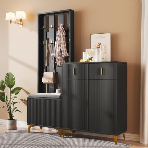 Set De Vestiaire Avec Banc à Chaussures Et Coussin, Portes Avec Crochets Et Tiroirs