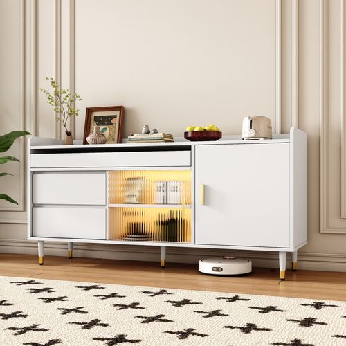 Commode Avec Portes Coulissantes En Verre Et LED, Buffet En Bois, Pour Salon Ou Entrée