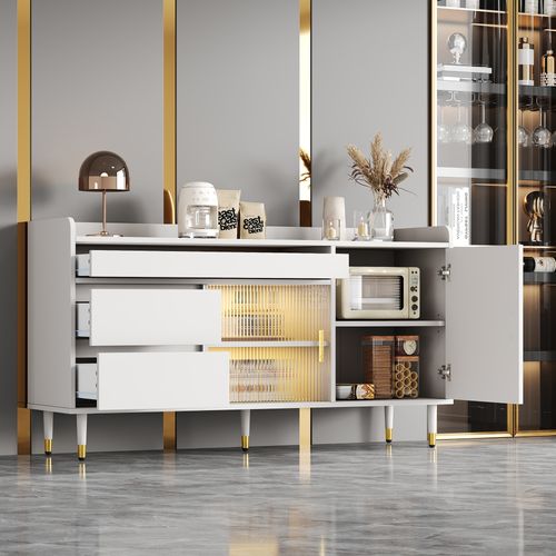 Commode Avec Portes Coulissantes En Verre Et LED, Buffet En Bois, Pour Salon Ou Entrée