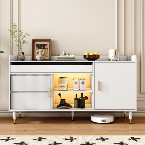 Commode Avec Portes Coulissantes En Verre Et LED, Buffet En Bois, Pour Salon Ou Entrée
