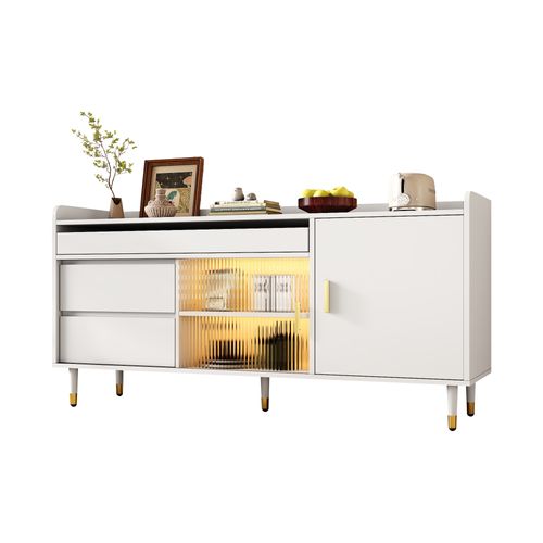 Commode Avec Portes Coulissantes En Verre Et LED, Buffet En Bois, Pour Salon Ou Entrée