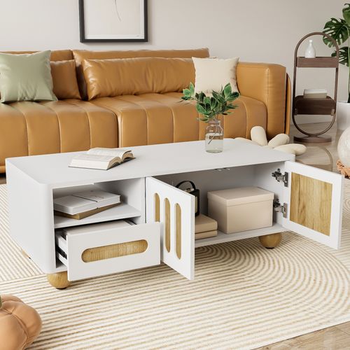 Table Basse Moderne, 105x50x40 Cm, Bois Et Blanc, 4 Portes, 2 Tiroirs, Éclairage LED, Blanc + Bois