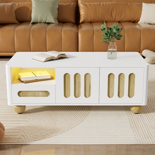 Table Basse Moderne, 105x50x40 Cm, Bois Et Blanc, 4 Portes, 2 Tiroirs, Éclairage LED, Blanc + Bois