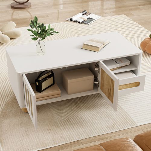 Table Basse Moderne, 105x50x40 Cm, Bois Et Blanc, 4 Portes, 2 Tiroirs, Éclairage LED, Blanc + Bois