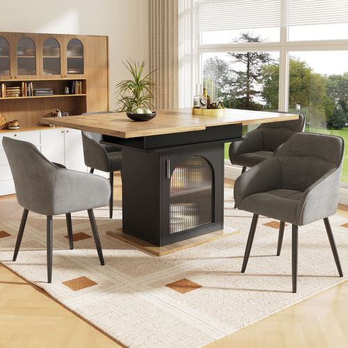 Ensemble De Salle à Manger (5 Pièces), Table Extensible Noire 140x80 Cm, 4 Chaises Velours