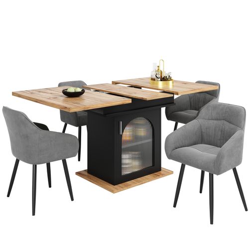 Ensemble De Salle à Manger (5 Pièces), Table Extensible Noire 140x80 Cm, 4 Chaises Velours