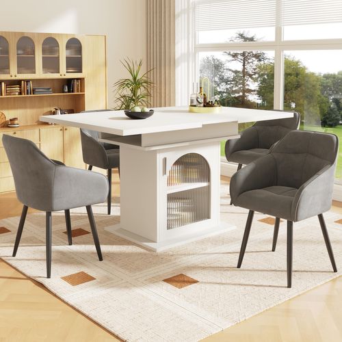 Ensemble De Salle à Manger (5 Pièces), Table Extensible Blanche 140x80 Cm, 4 Chaises Velours