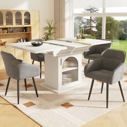 Ensemble De Salle à Manger (5 Pièces), Table Extensible Blanche 140x80 Cm, 4 Chaises Velours