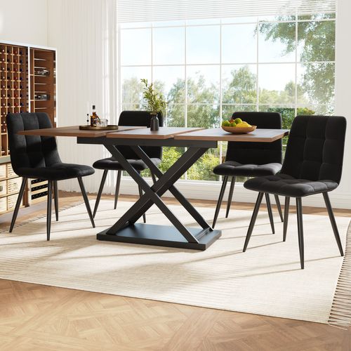 Ensemble De Salle à Manger (5 Pièces), Table Extensible 160x80x75 Cm, 4 Chaises Velours Noir