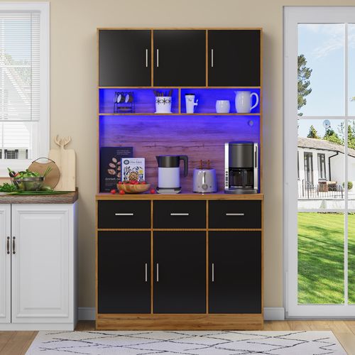 Buffet Multifonction 100x40x180 Cm Avec LED, Télécommande, Tiroirs, Étagères, Prises, Pour Cuisine