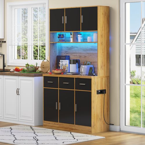 Buffet Multifonction 100x40x180 Cm Avec LED, Télécommande, Tiroirs, Étagères, Prises, Pour Cuisine