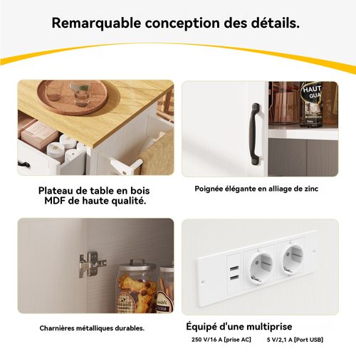 Îlot De Cuisine 131,5 Cm Avec Prises, Table Pliable, Tiroirs Et Rangement, Blanc Et Naturel