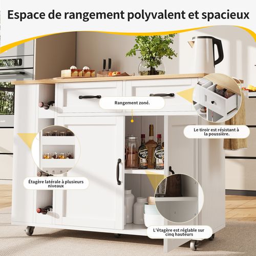 Îlot De Cuisine 131,5 Cm Avec Prises, Table Pliable, Tiroirs Et Rangement, Blanc Et Naturel