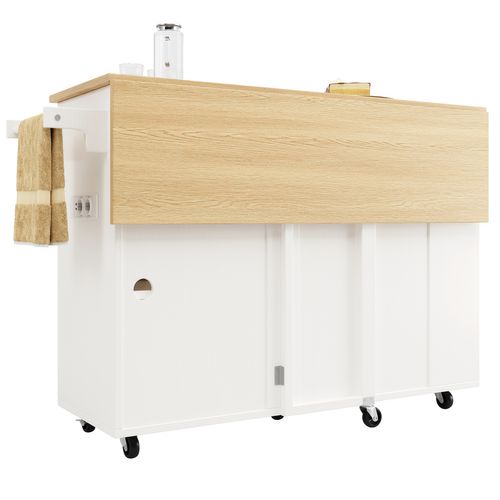 Îlot De Cuisine 131,5 Cm Avec Prises, Table Pliable, Tiroirs Et Rangement, Blanc Et Naturel